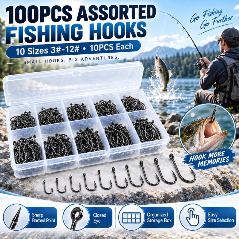 100個入り、10種類のサイズのバーブ付き釣り針セット # - Fishing Hook Assortment のレビューと価格