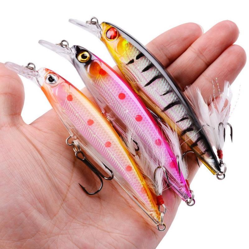 Fishing Hook Treble - リアルなミノー釣り用ルアー、鋭いトレブルフック、フェザーテール、淡水・海水のバス・トラウト釣りに最適